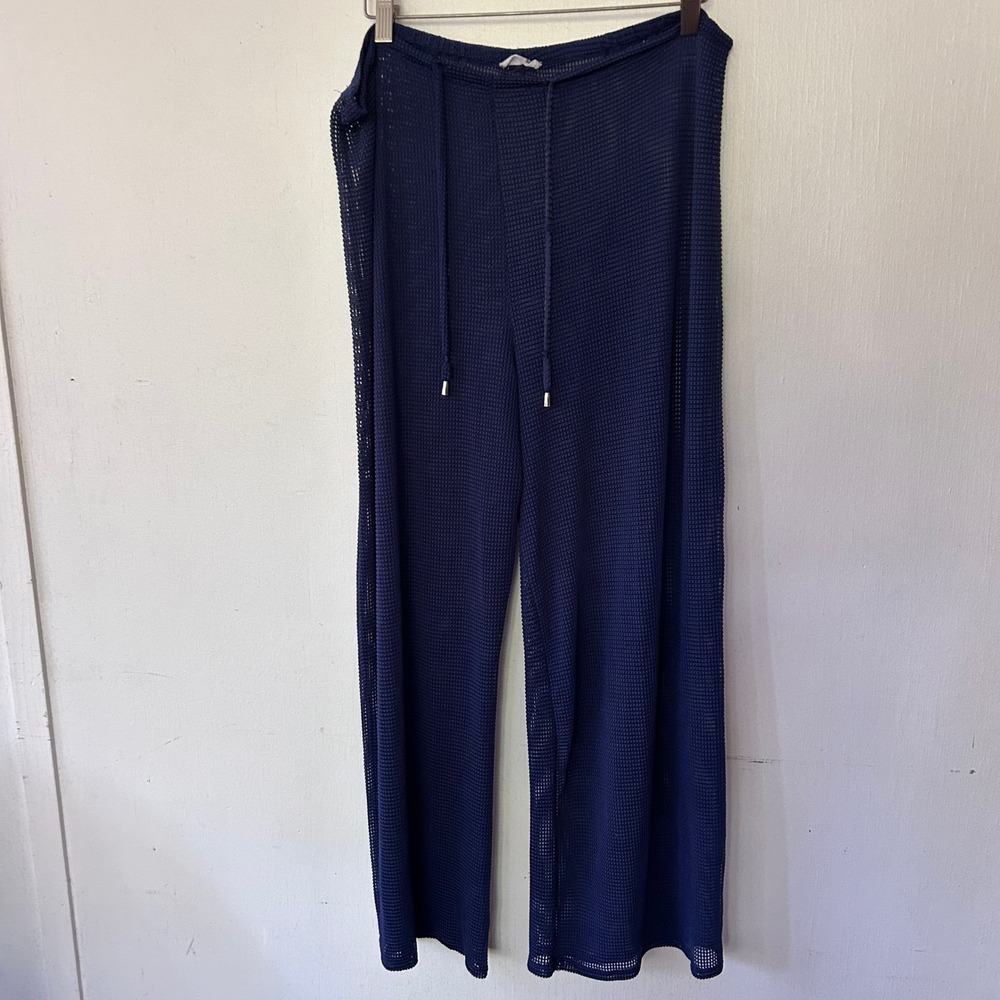 Marina Blu Mesh Pants Women XL Navy Blue Sheer Wide Leg Drawstring Coastal Boho